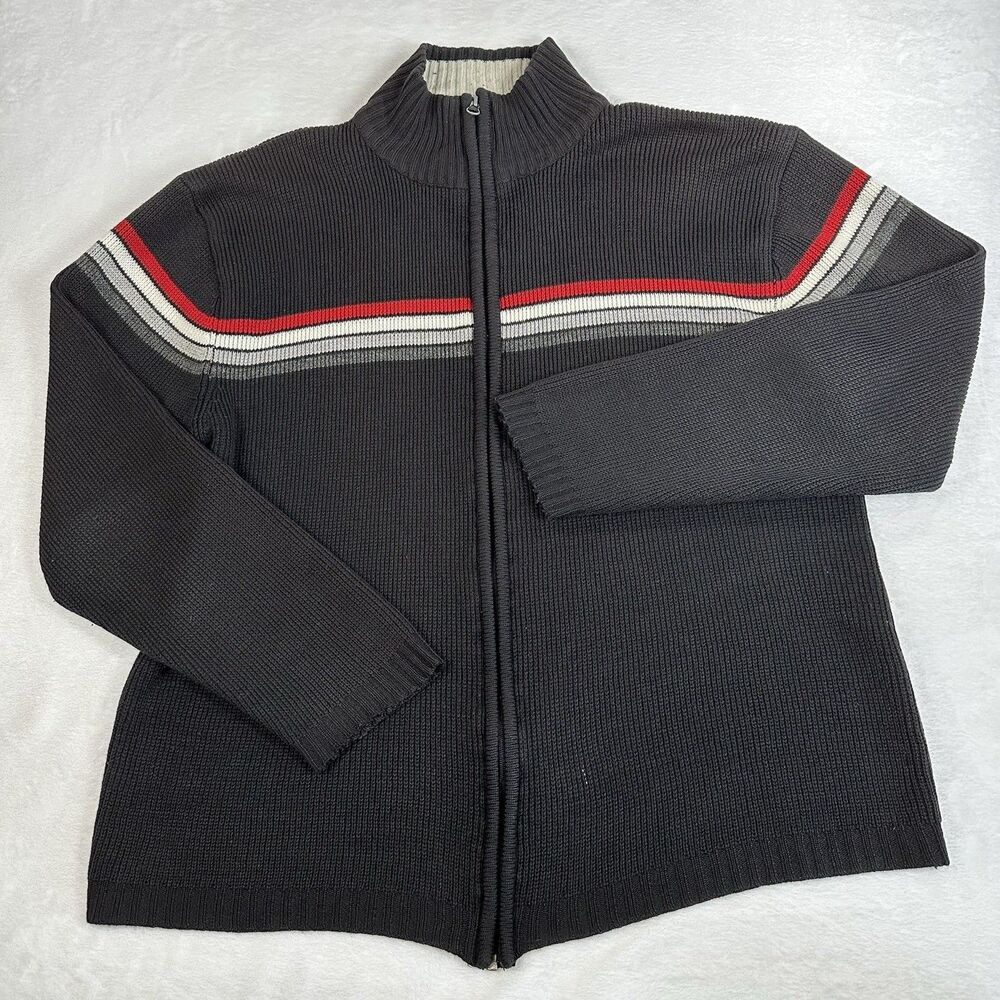 Y2K Striped Zip Sweater Mens XL Black Ribbed Knit Streetwear Full Zip Jacket
